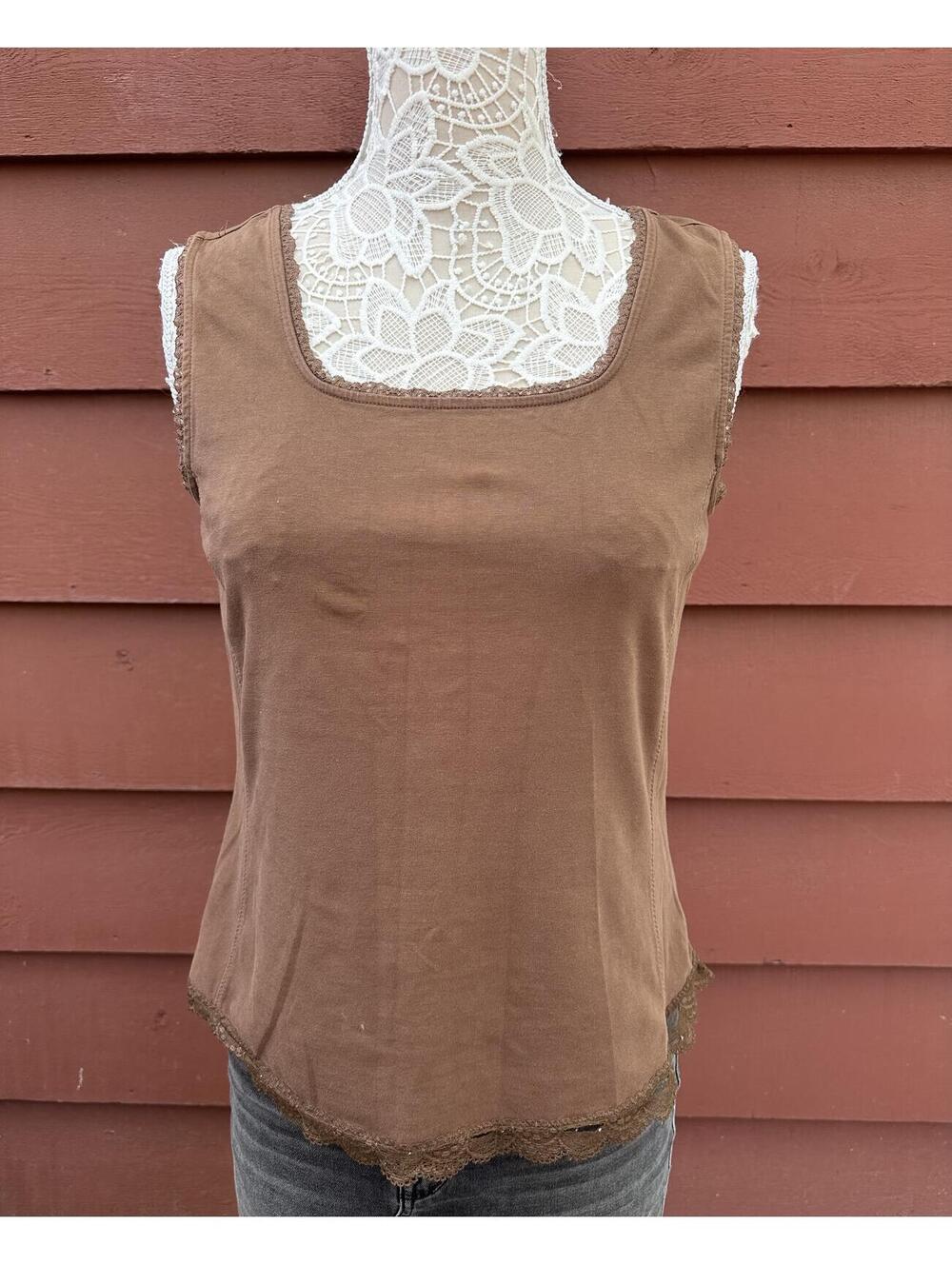 Coldwater Creek Brown Lace Trim Tank Top Y2K Casual Feminine Summer Layer